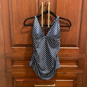 Maternity swim ware, navy halter polka dot with built in cup pads